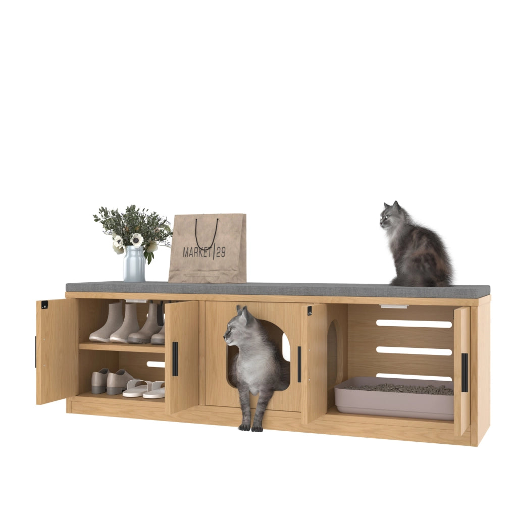 Mobile per lettiera per gatti 140x40x45;5 cm con ripiani regolabili e tappetino tiragraffi; rovere