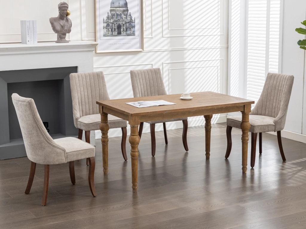 Sedia da sala da pranzo imbottita in ciniglia con schienale alto, gambe in legno massello e piedini regolabili beige