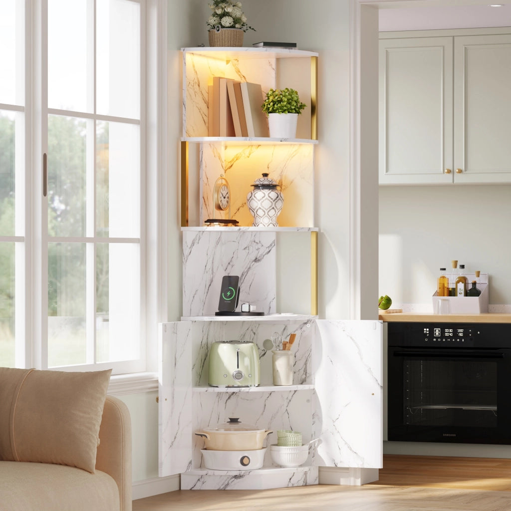Mobile angolare con LED e prese elettriche; 38 x 38 x 180 cm; MDF bianco