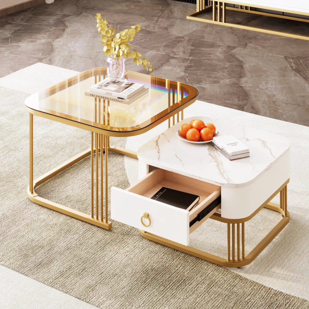 Tavolini da salotto a incastro con 1 Cassetto; Effetto Marmo Lucido e Vetro Color Tè; Moderno; in MDF; Bianco