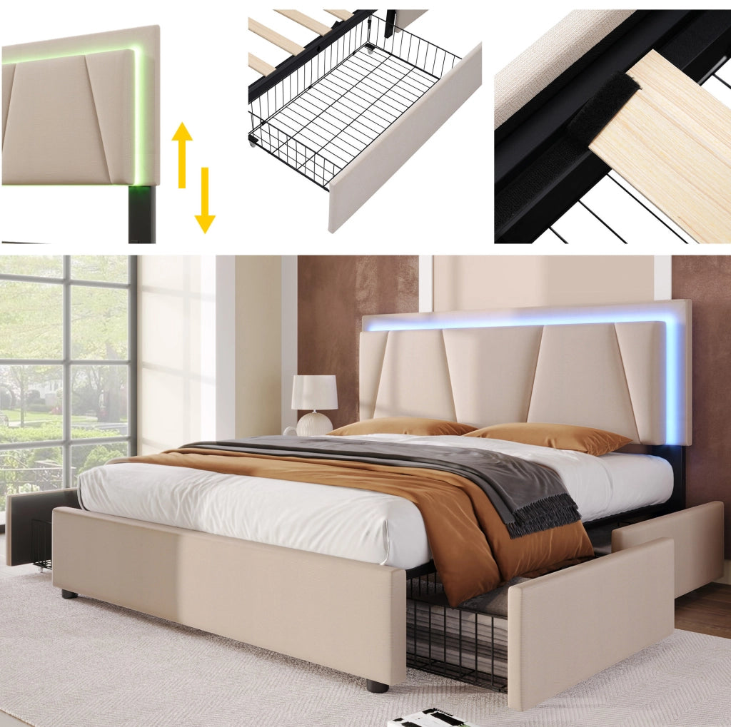 Letto imbottito 140 x 200 cm beige con LED e 4 cassetti