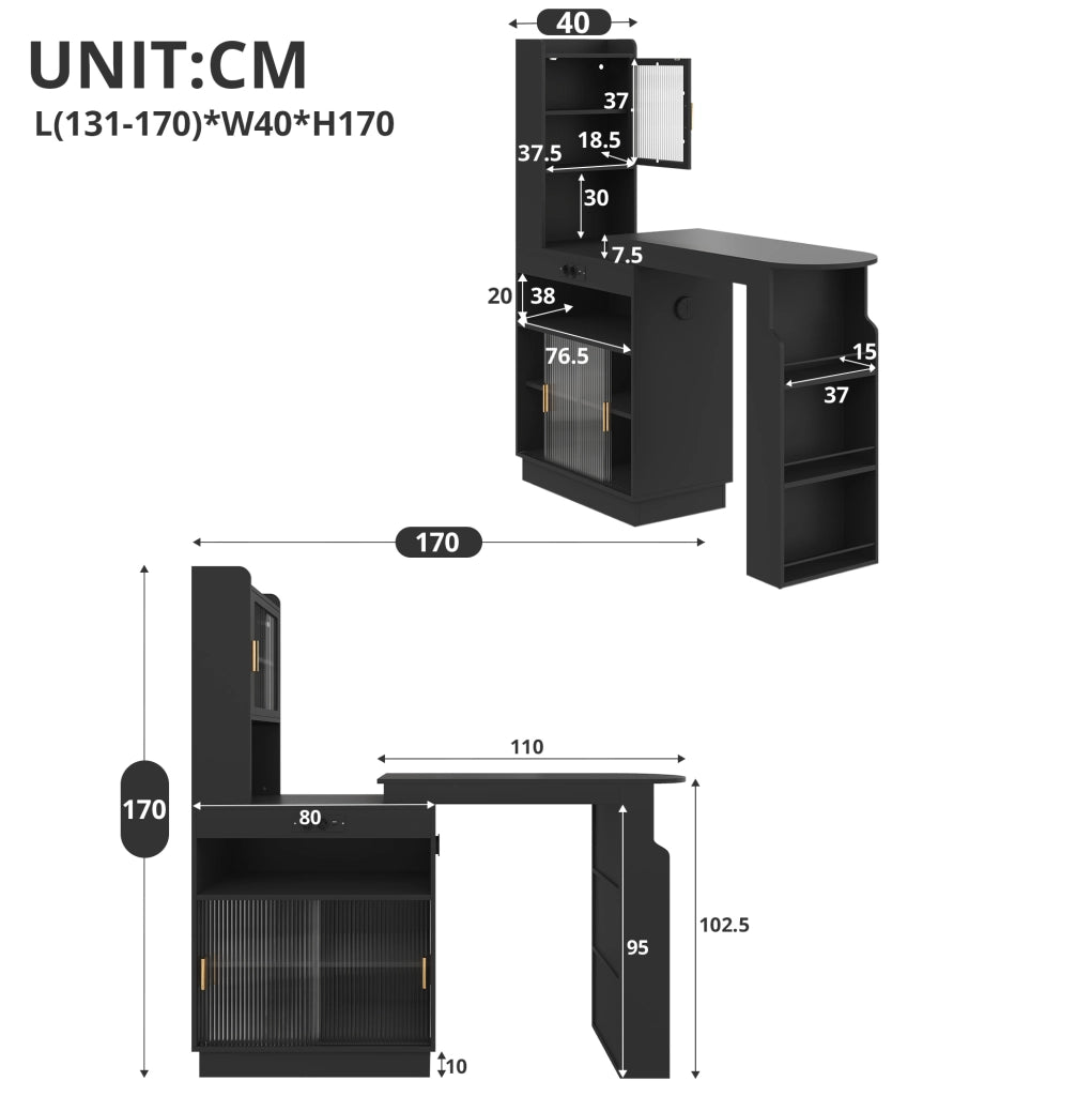 Bar estensibile 131-170x40x170 cm in MDF nero con contenitore integrato