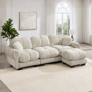 Divano angolare a 3 posti in chenille color kaki chiaro con pouf mobile e 2 cuscini decorativi