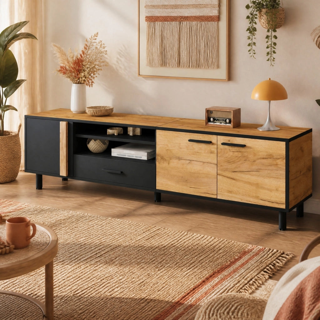 Mobile TV 180x32;5x50 cm con 3 ante e cassetto nero effetto legno HOMVRA