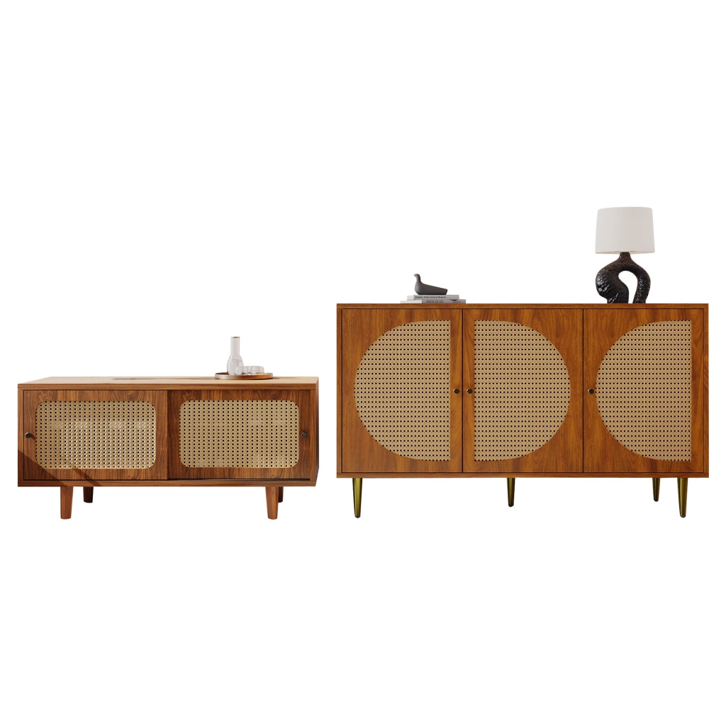 Set Mobiletto in Rattan per Soggiorno: Combinazione di Cassettiera e Scarpiera, Colore Noce
