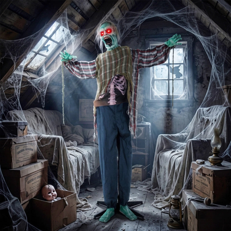Zombie animato di Halloween alto 170 cm con occhi LED rossi suoni e attivazione tramite suono tatto o vibrazioni a batteria