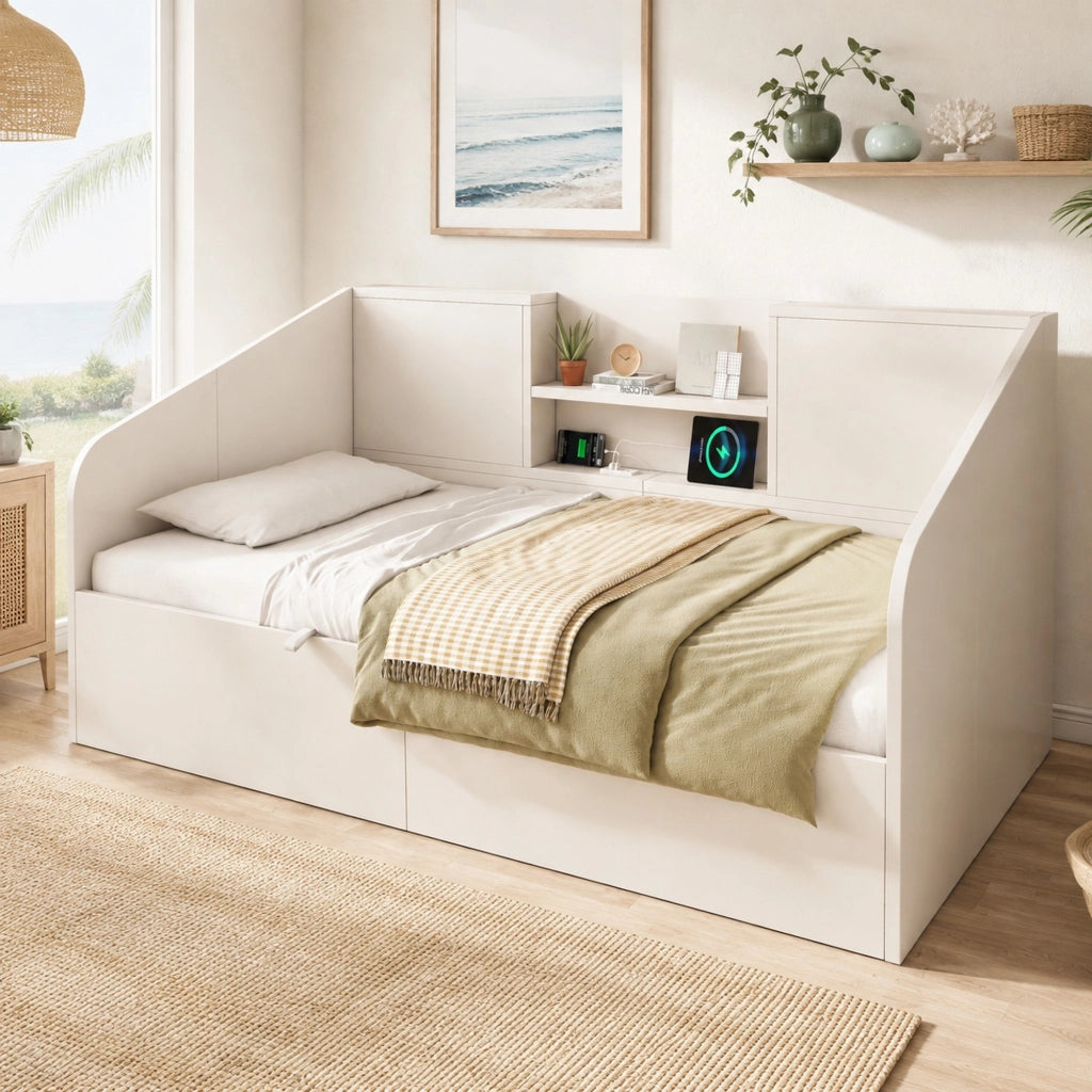 Letto singolo 90x200 cm bianco con contenitore e stazione USB