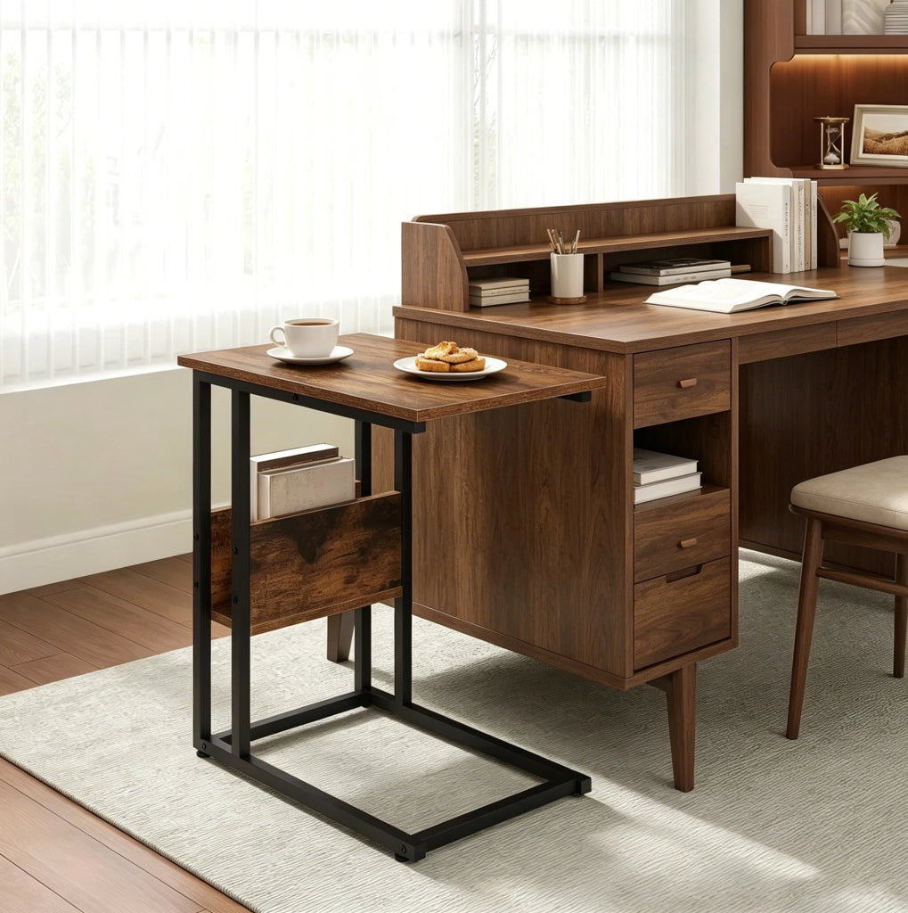 Tavolino laterale a C 55x36x59;5 cm con ripiano in legno rustico marrone HOMVRA