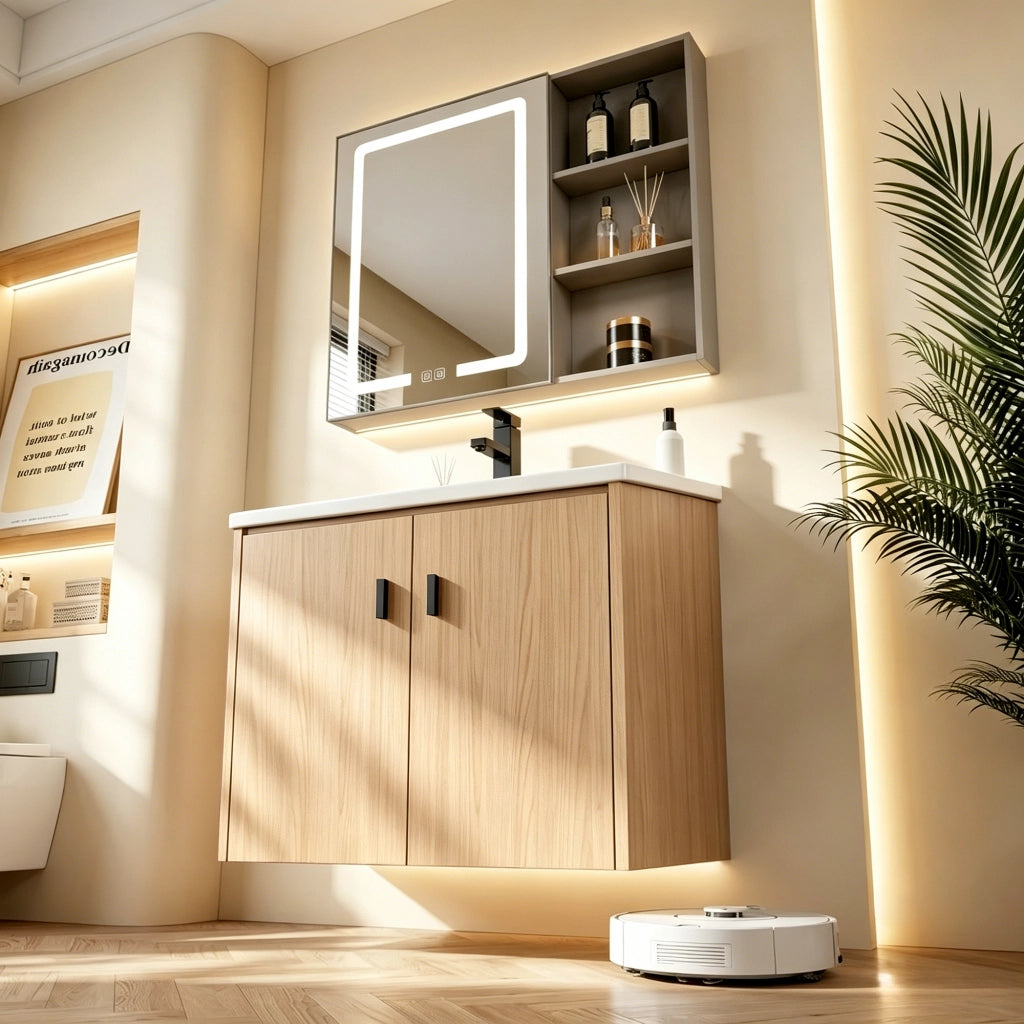 Mobile bagno 60 cm rovere chiaro, ampio spazio contenitivo con 2 ante a chiusura morbida