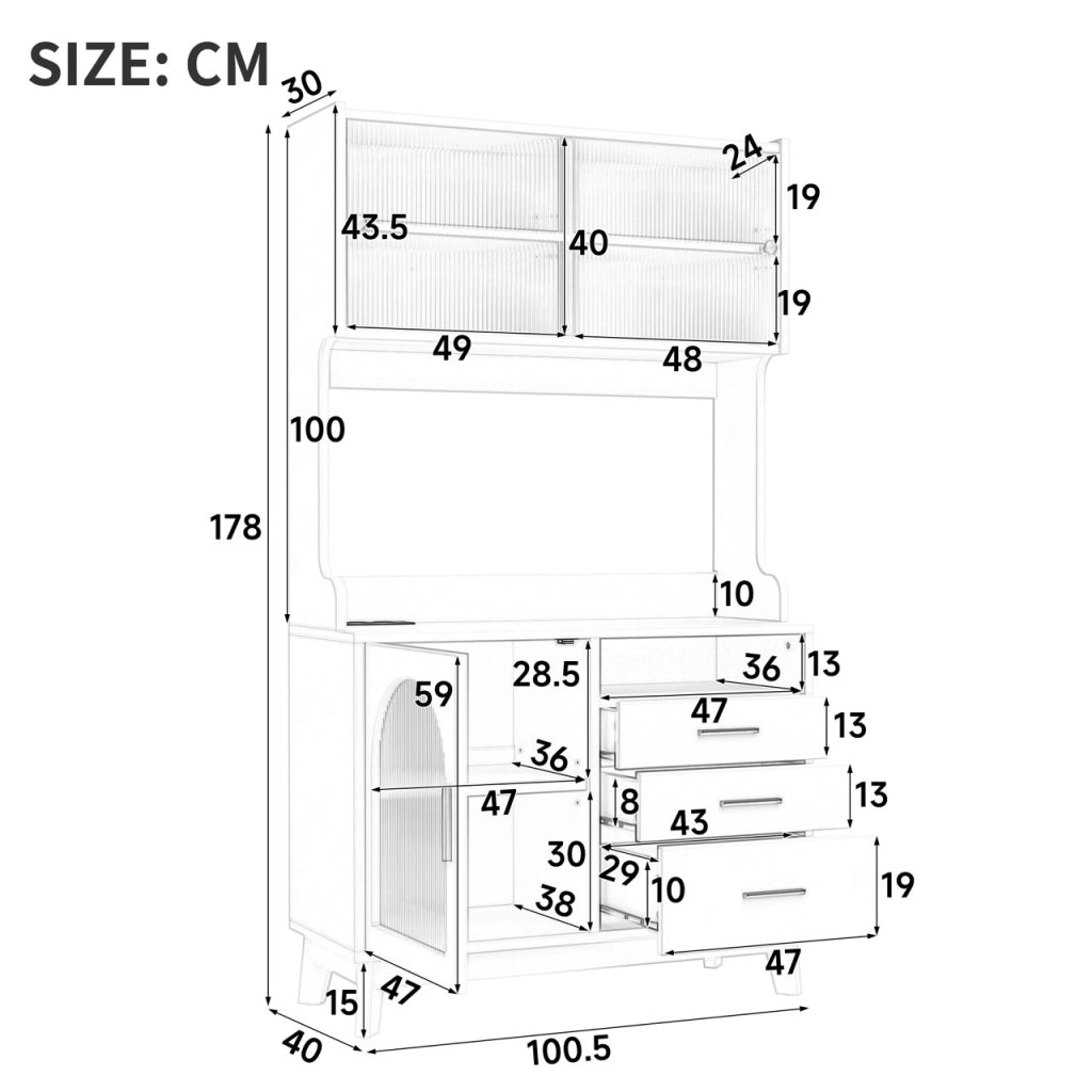 Credenza alta da sala da pranzo in legno con presa; porte USB-A e USB-C; frontale in acrilico ondulato 100.5 × 40 × 178 cm