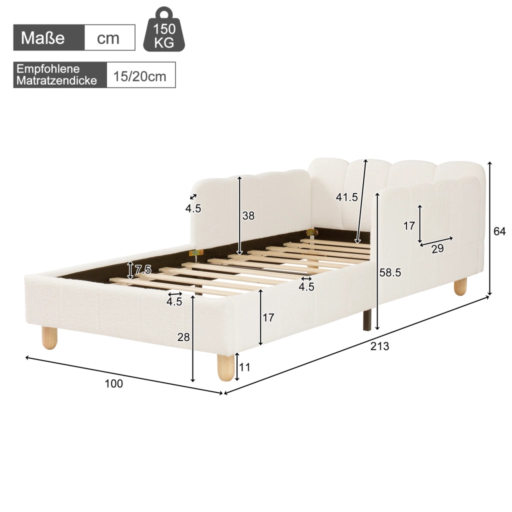 Letto imbottito per bambini con testiera ergonomica; bouclé beige