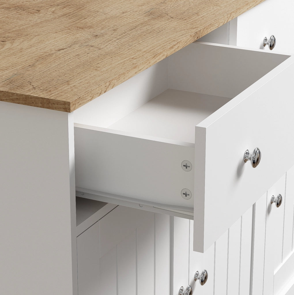 Credenza bianca e finitura legno con 3 ante e 2 cassetti