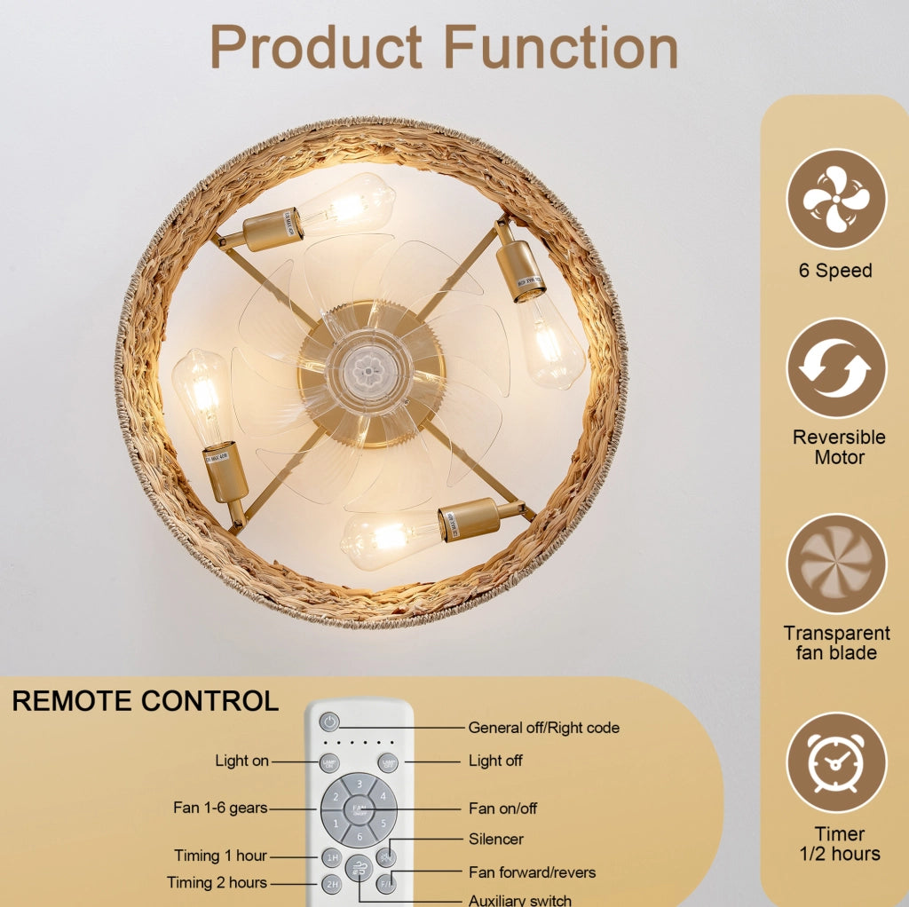 VENTILATORE DA SOFFITTO Rattan con 4 Portalampade E26, Rame