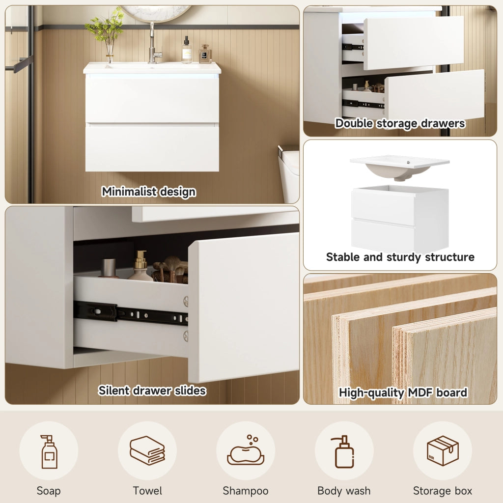 Desviae Mobile sottolavabo sospeso con lavabo in ceramica LED con sensore radar 2 cassetti MDF bianco 61 × 46 × 45 cm