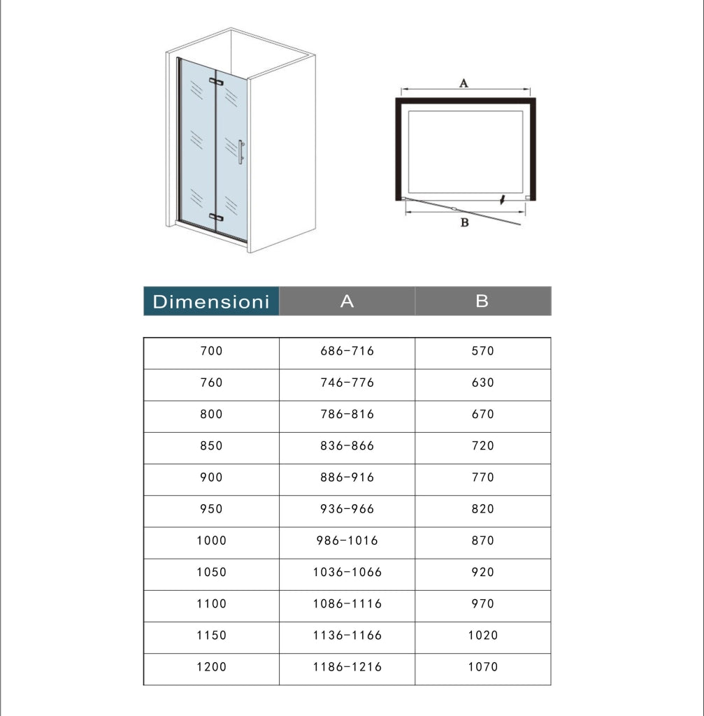 100x195 cm Porta Doccia Per Nicchia Battente e Pieghevole a Libro In Vetro Temperato Trasparente Anticalcare Da 6 mm
