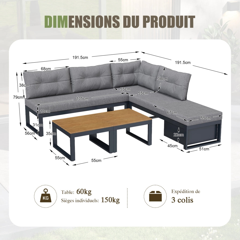 Set Salotto da Giardino Modulare con Schienale Regolabile a 3 Posizioni, Cuscini Spessi e Imbottiti, Tessuto Poliestere Resistente per Terrazza, Balcone e Giardino, Grigio Scuro