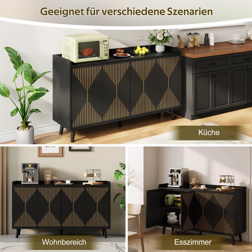 Credenza da cucina 140x40x84 cm a 4 ante con ripiani regolabili in MDF nera