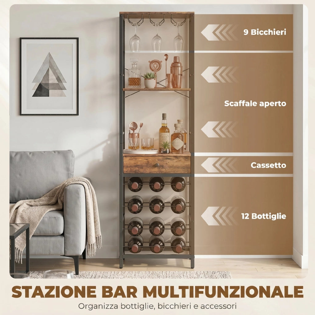 Mobile Bar con Cassetto e Portabicchieri ¨C Minimal ¨C Marrone Rustico