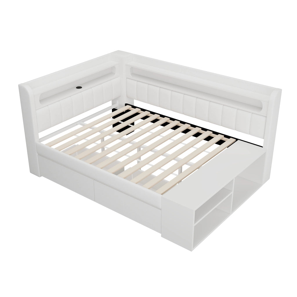 Divano letto imbottito 90x200 cm con LED; USB; due cassetti e scarpiera; bianco