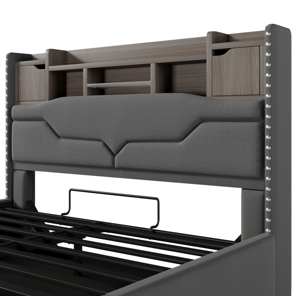 Letto imbottito 160x200 cm con contenitore idraulico, LED e USB-C grigio