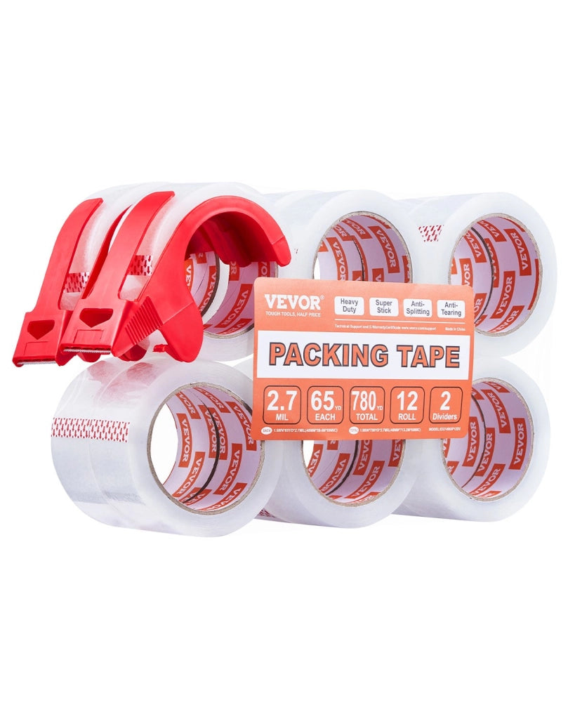 Nastro da imballaggio trasparente 12 rotoli 47,8 mm x 65 iarde, anima 76,2 mm, 0,068 mm, con distributore, pratico per traslochi e spedizione postale