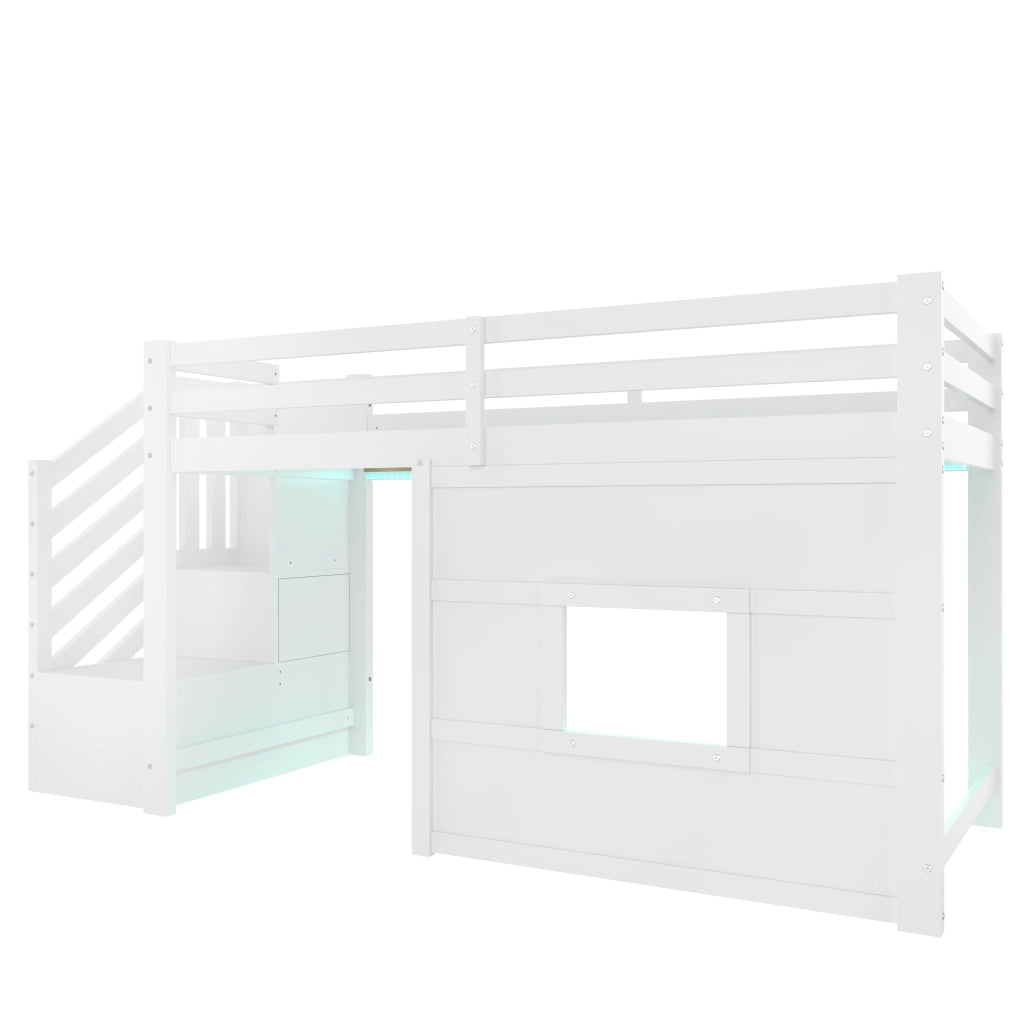 Letto a soppalco 90 x 200 cm con scala contenitore e finestra - Bianco