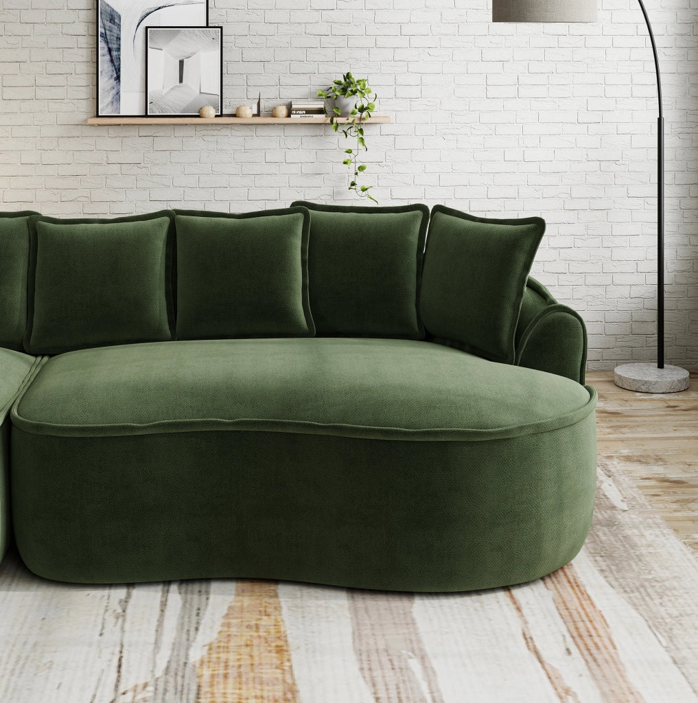Divano modulare doppio verde in tessuto chenille, design senza telaio con chaise longue extra profonda e cuscini inclusi