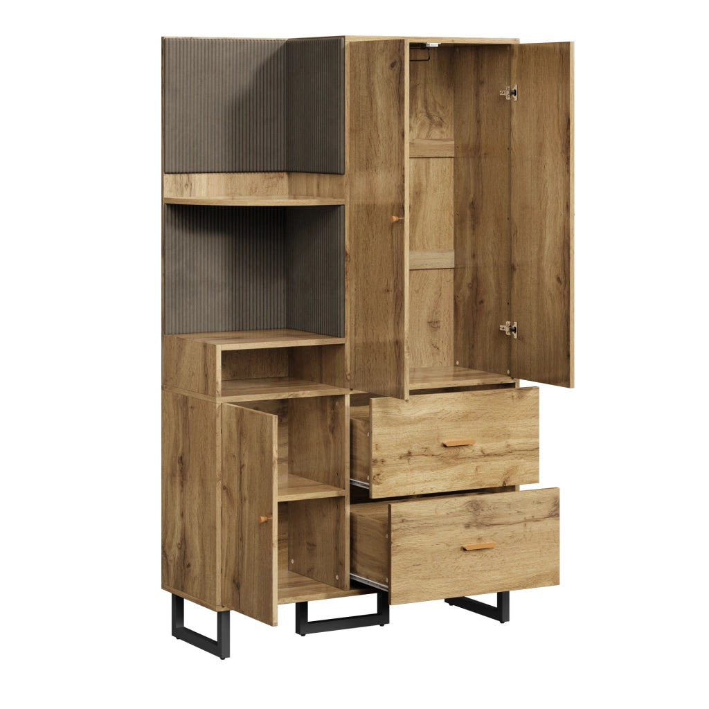 Guardaroba da ingresso con armadio 110 cm con ripiani aperti e pannelli imbottiti, MDF, legno e nero