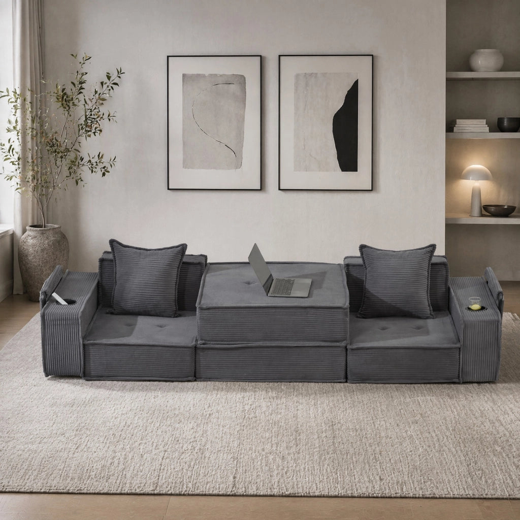 Divano 2 posti modulare 162x78x66 cm in velluto a coste grigio scuro