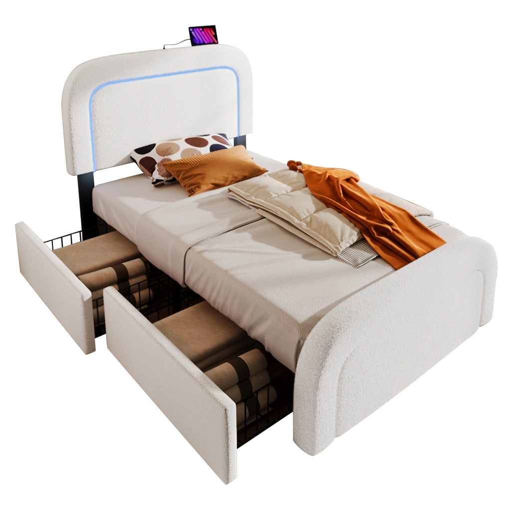 Letto singolo imbottito 90x200 cm con ricarica USB Type-C, LED e 2 cassetti, testiera regolabile, rete a doghe in legno - Bianco (Con materasso)