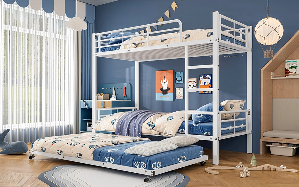 Letto a castello in metallo 90x200 cm con letto estraibile 90x190 e sponde di sicurezza, bianco