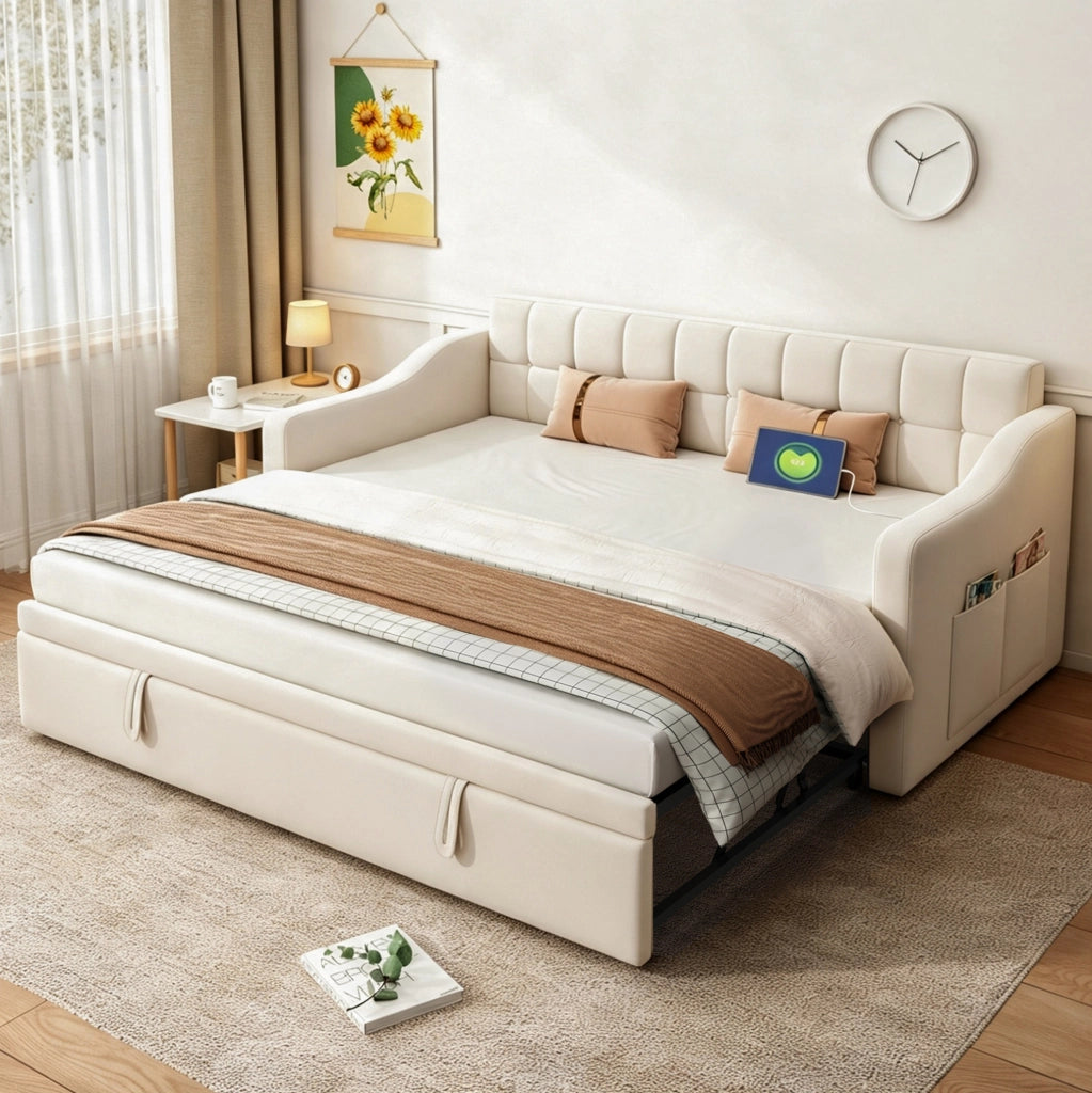 Divano letto 2 in 1 in velluto beige 90x190 cm con porta USB e spazio contenitivo