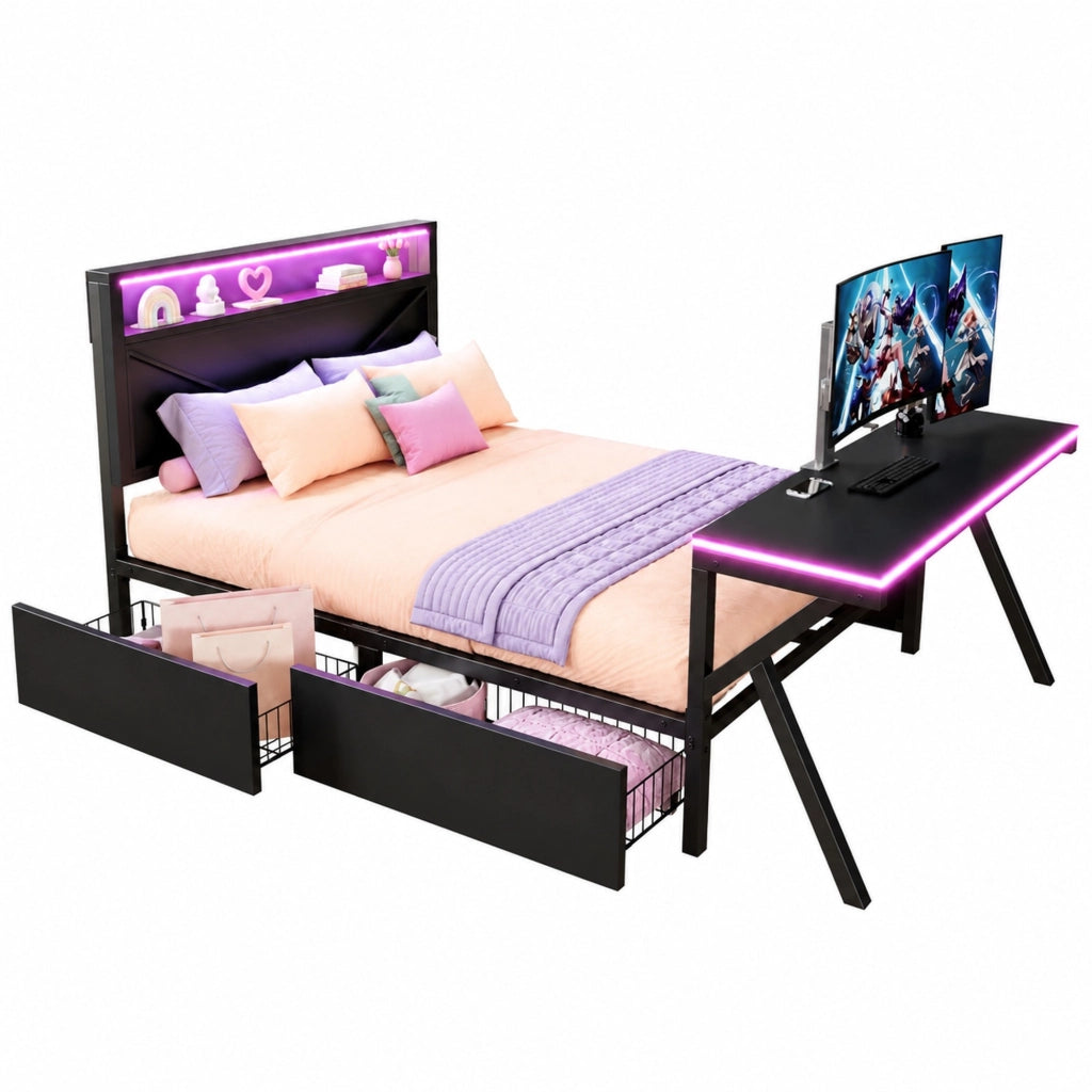 Letto piattaforma gaming 140x200 cm in MDF e metallo nero con LED e contenitori