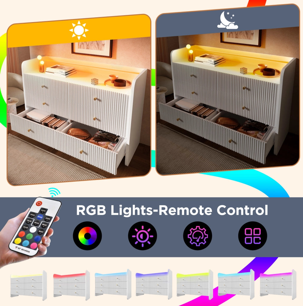 Mobile contenitore bianco con 6 cassetti, illuminazione LED e design a onde, 120x40x75 cm