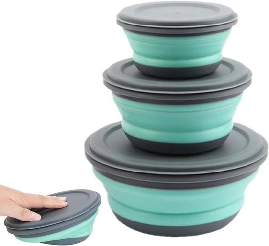 Saccola portatile 3 pezzi - Saccola siliconica con coperchio - Saccola per campeggio - Saccola per frutta - Saccola per cucina e scuola - Versatile saccola per viaggi e campeggio - Saccola per contenere verdure