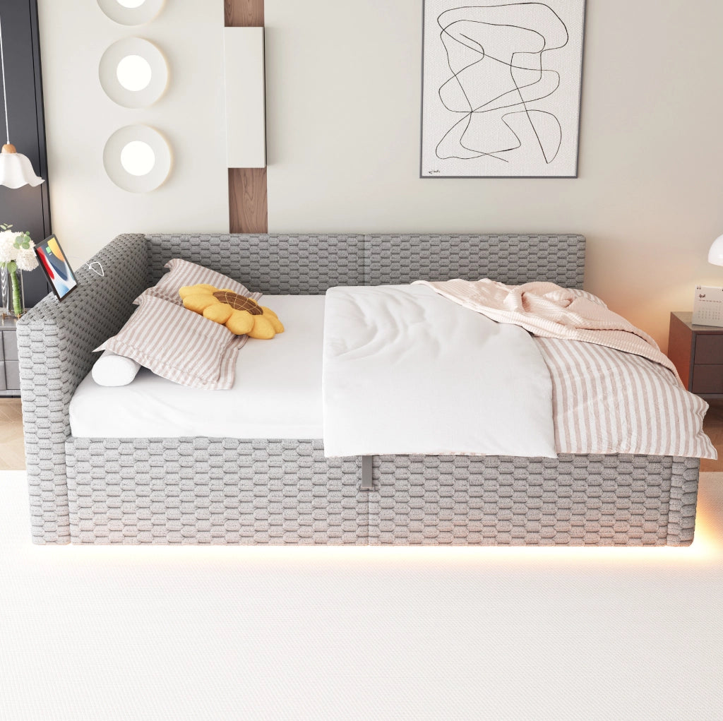 Letto imbottito 140x200 cm con illuminazione LED, ricarica USB e Type-C, schienale morbido a L, rivestimento in velluto, struttura idraulica grigio