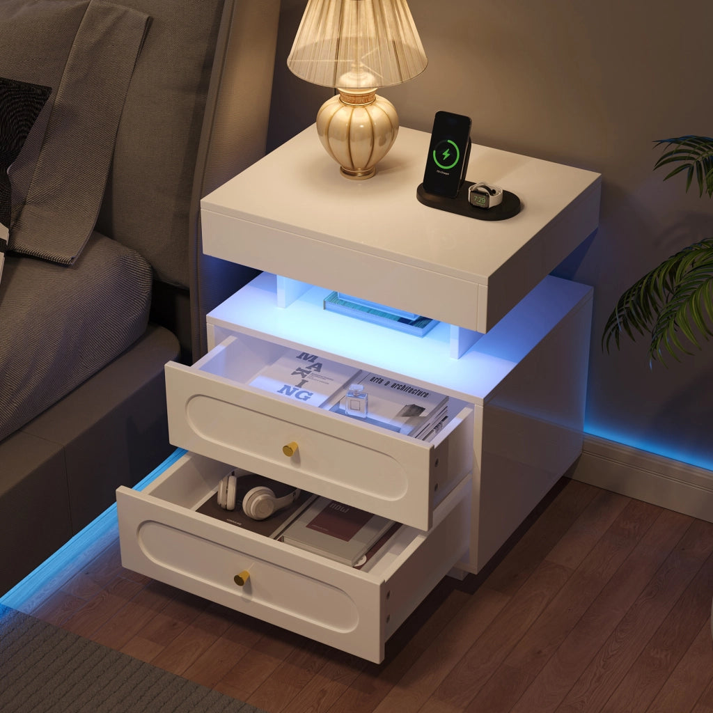 Comodino con 2 cassetti e illuminazione LED, 50x40x60 cm, bianco