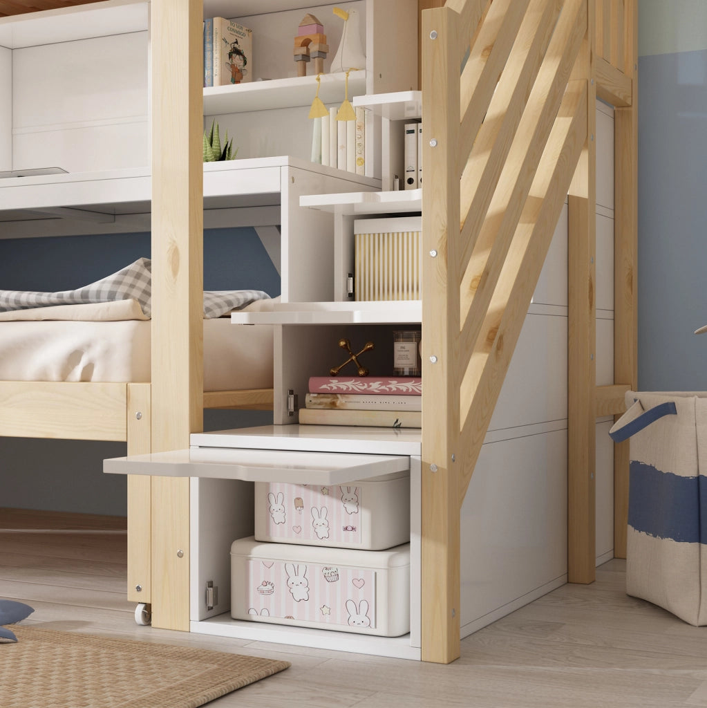 Letto a castello 90x200/90x190 cm con scrivania e letto estraibile in pino, compensato e MDF