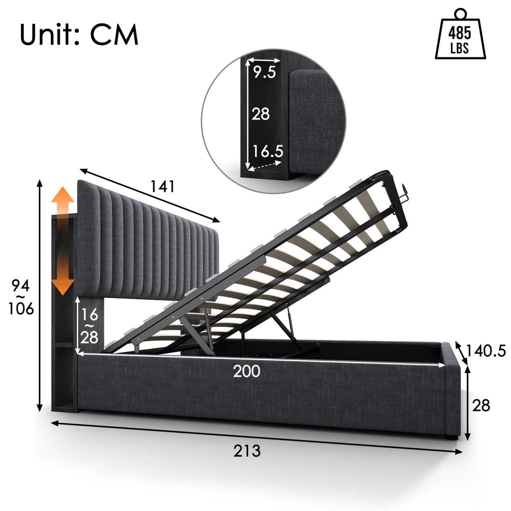 Letto matrimoniale imbottito 140 ¡Á 200 cm con materasso LED USB Type C vano contenitore testiera regolabile grigio