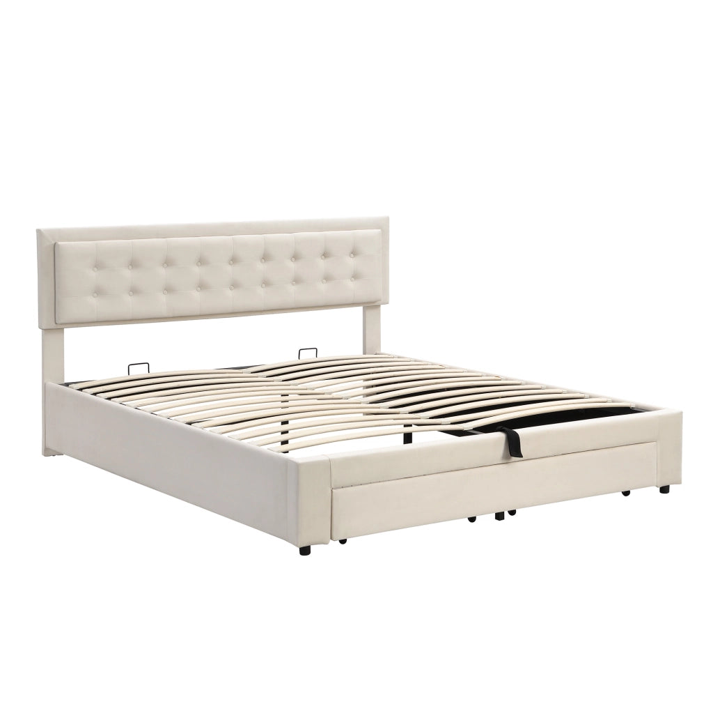 Letto matrimoniale imbottito in velluto beige 180x200 cm con contenitore e cassetti YEAVIO