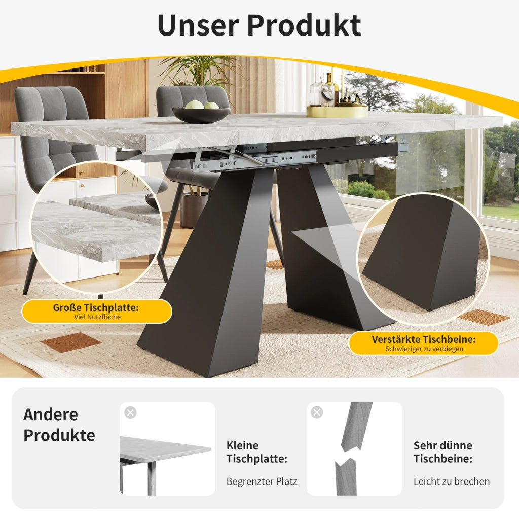 Tavolo da pranzo allungabile 99-159×74×77 cm con piano in MDF effetto marmo e gambe in carbonio, design flessibile per cucina, ufficio, soggiorno grigio