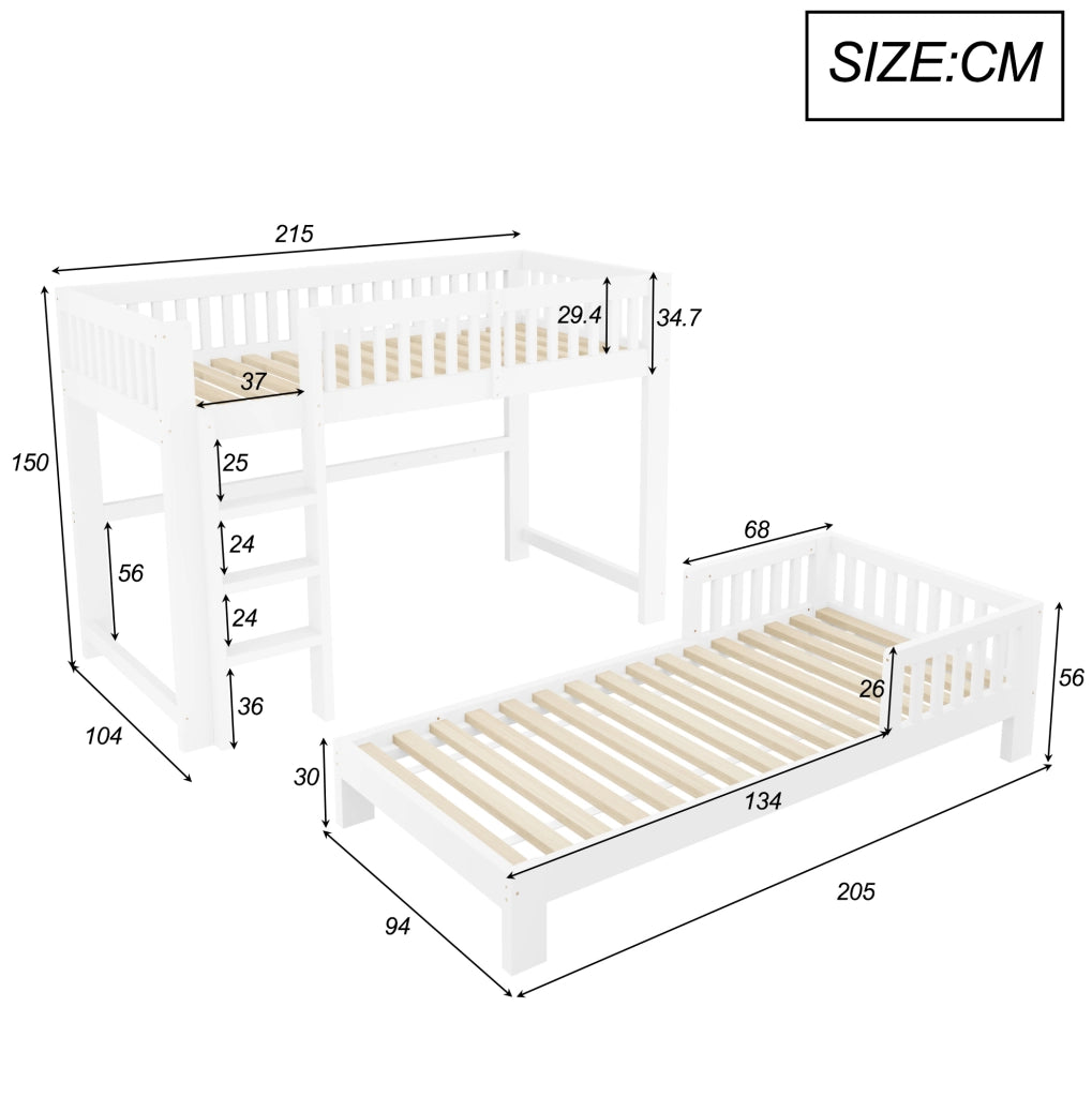 Letto modulare per bambini in legno massiccio 90x200 cm, combinazione di letto a castello e letto singolo, bianco