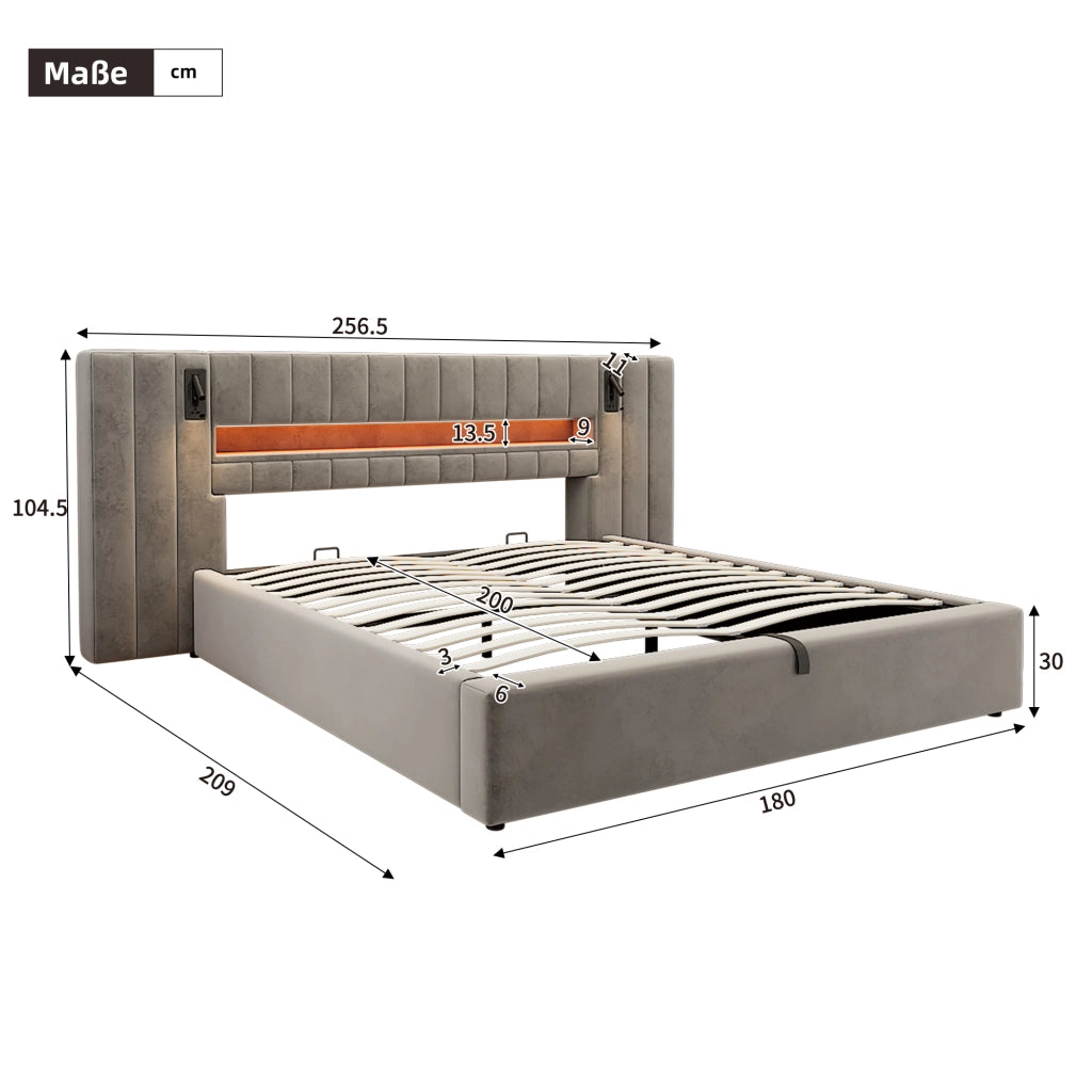Letto contenitore 180 × 200 cm imbottito con LED porte USB lampade da comodino rivestito in velluto grigio