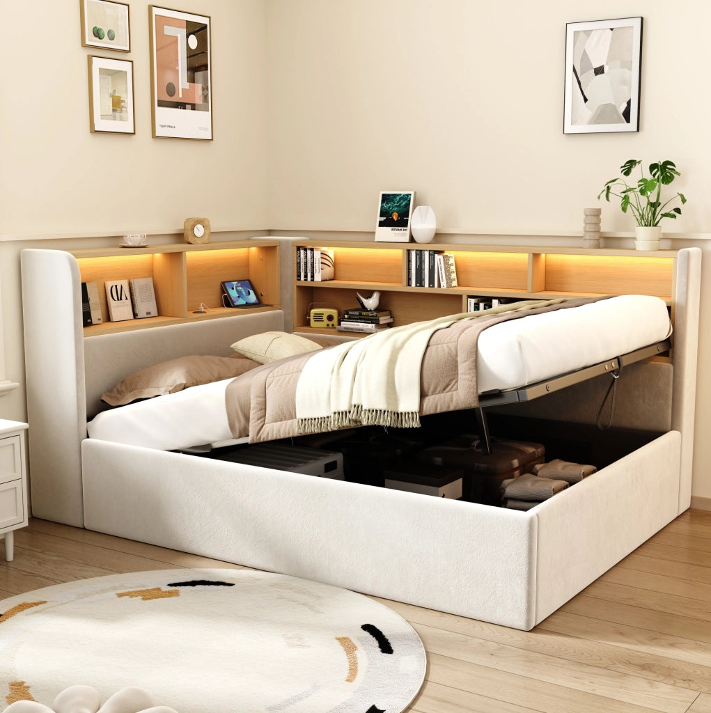 Daybett in velluto beige 90x200 cm con contenitore idraulico, luce LED e porta USB