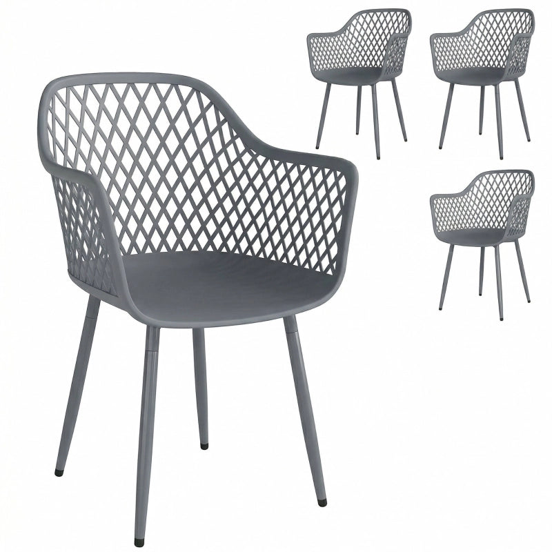 Set 4 sedie da giardino con braccioli in plastica e gambe in metallo grigio scuro