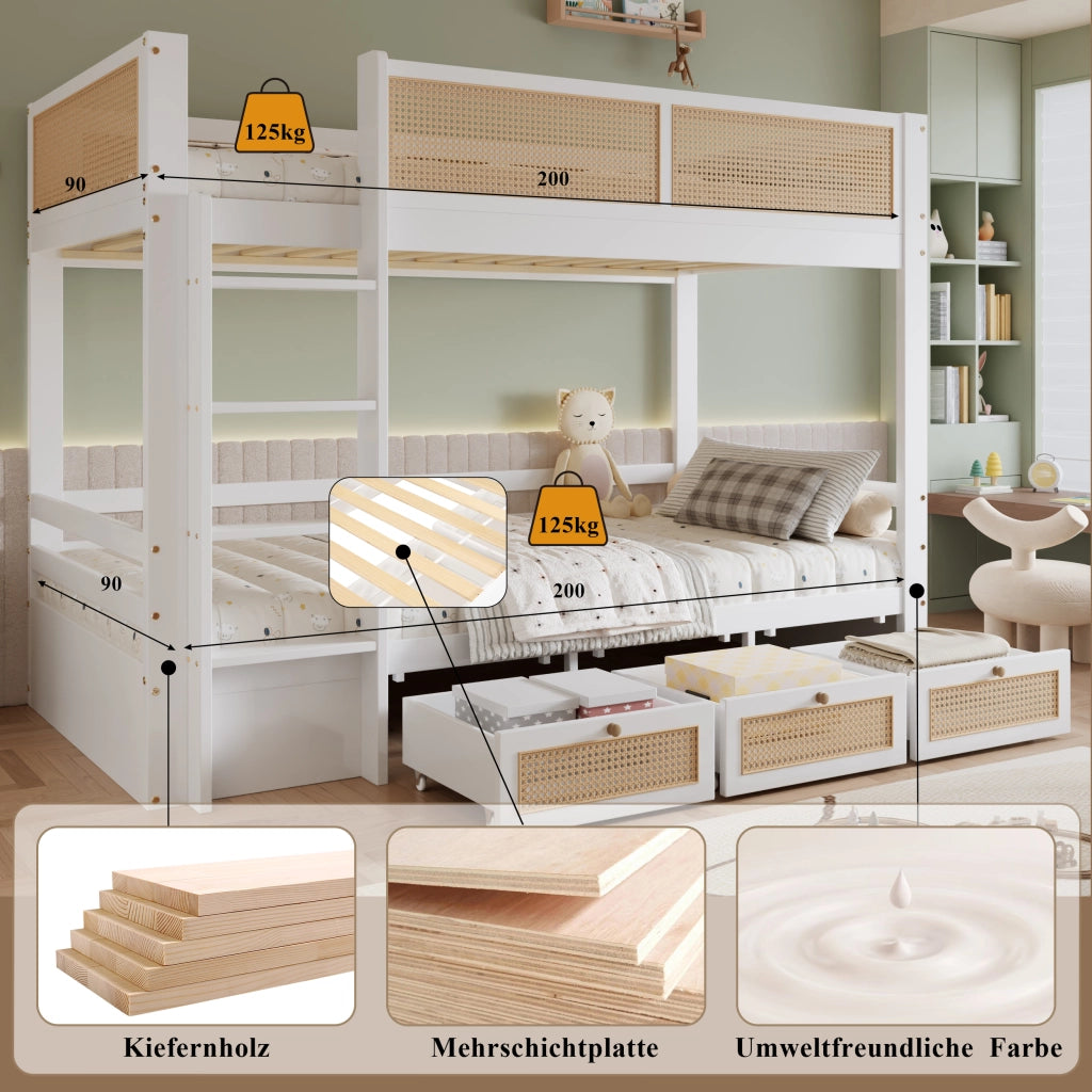 Letto a castello per bambini in pino e MDF; 90x200 cm; con 3 cassetti su ruote e rattan; bianco e naturale
