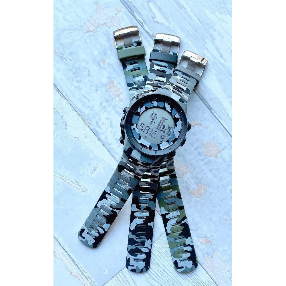 Trade Shop - Orologio Polso Sportivo Uomo Digitale Data Allarme Camouflage Verde Grigio Nero -