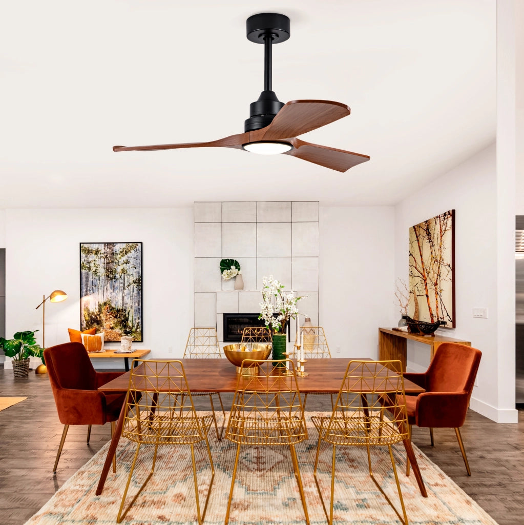 Ventilatore da soffitto ULEVR con luce LED integrata, motore DC reversibile e pale in ABS, nero e noce scuro