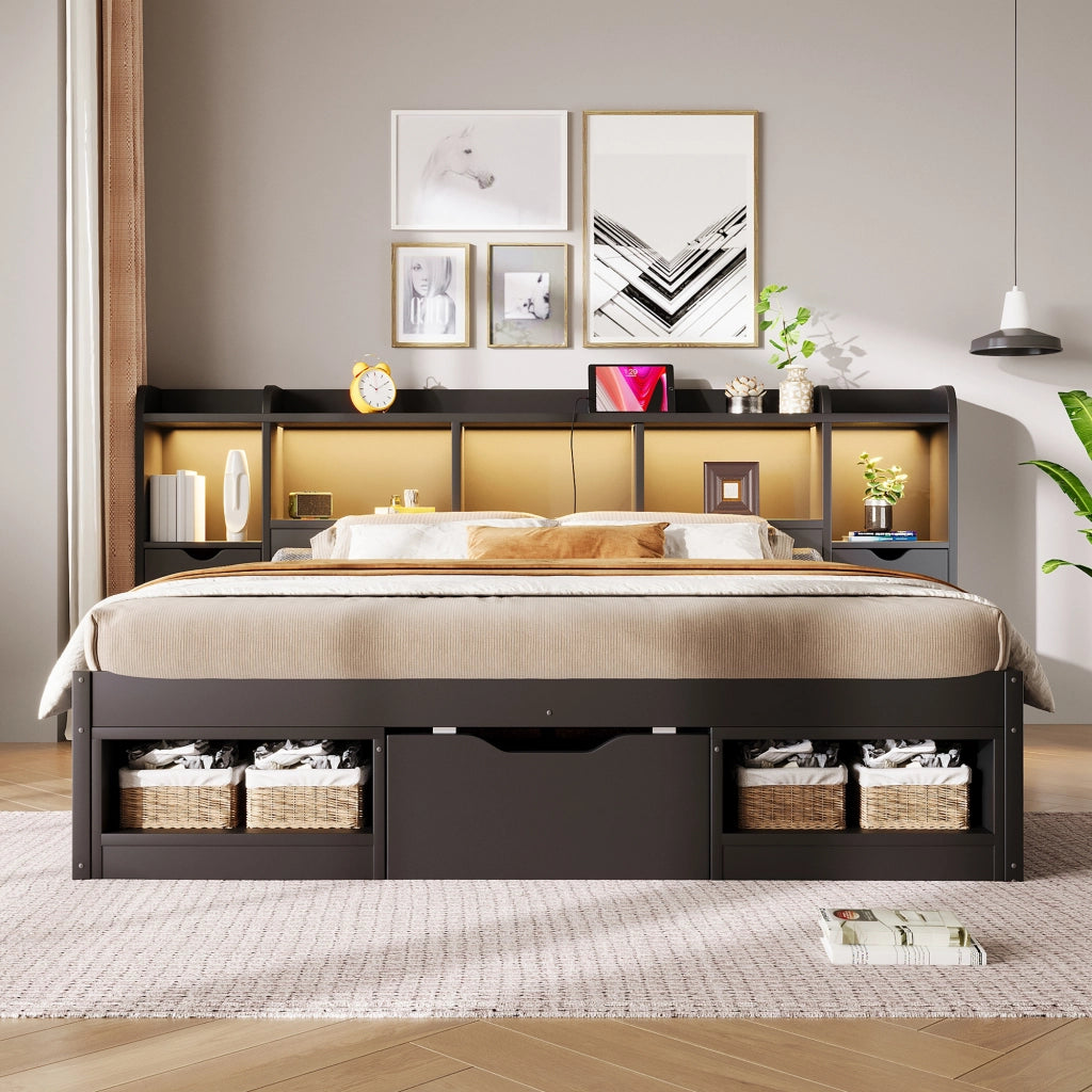 Letto con cassetti 140 × 200 cm con testiera e pediera contenitore LED a 7 colori in MDF nero