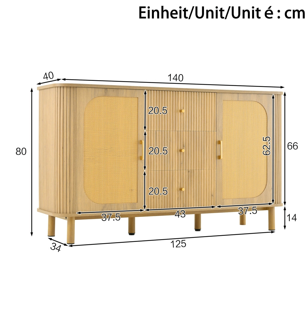 Credenza 140x40x80 cm in MDF effetto legno naturale con ante in rattan e cassetto HOMVRA